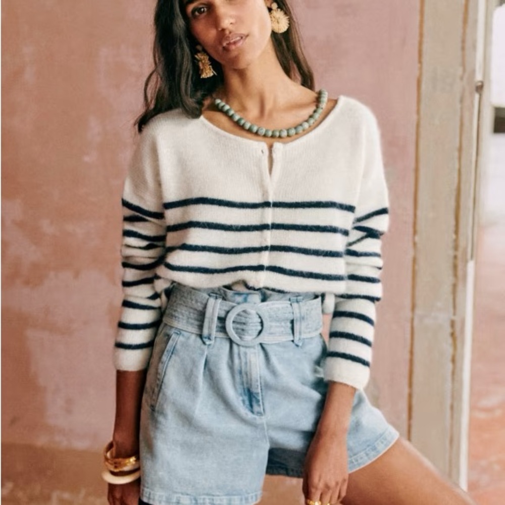 Sezane White and Navy Striped Sweater